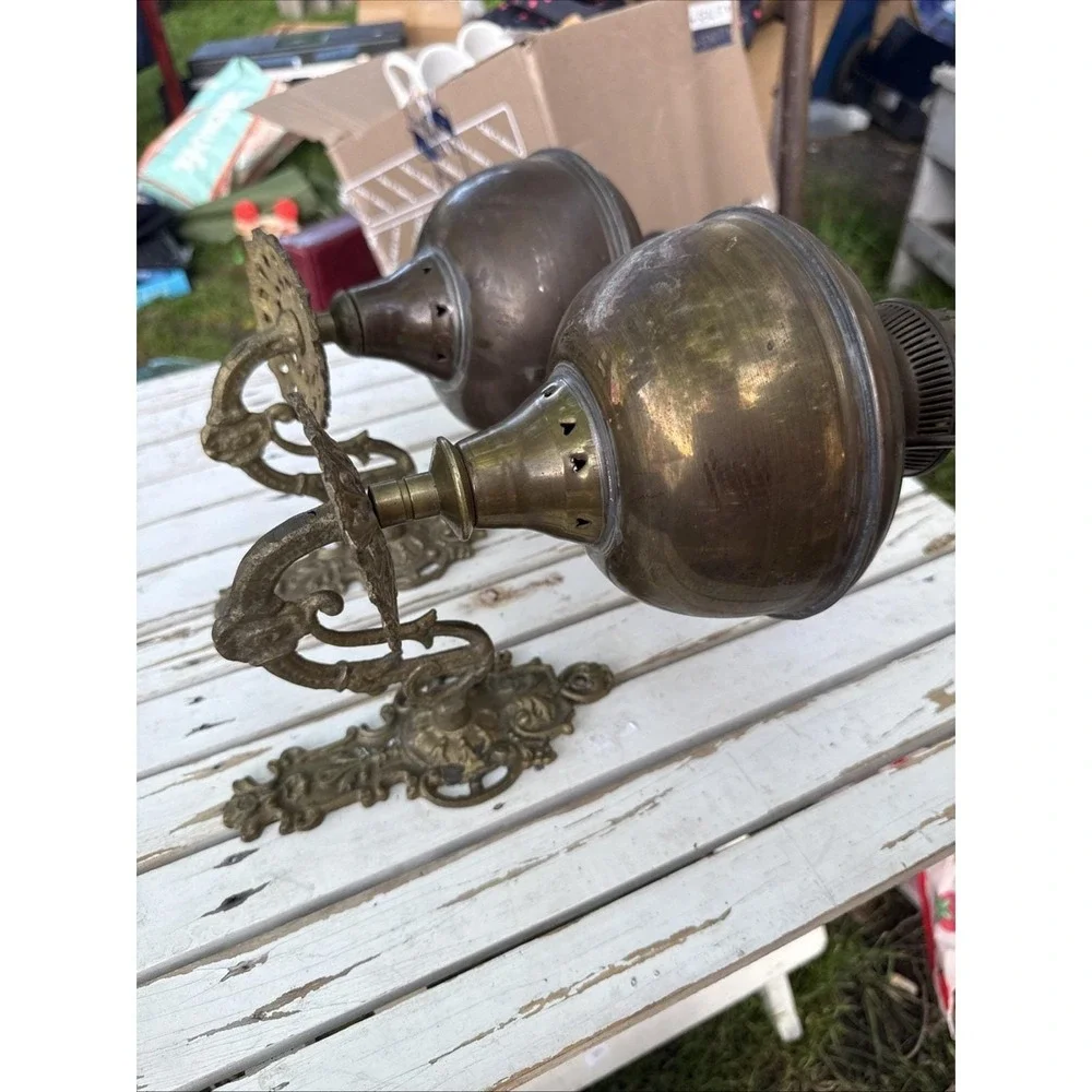 Pair Antique Brass Namna TTO MONNE Wall Sconce Fuel Oil Lamp 12x8